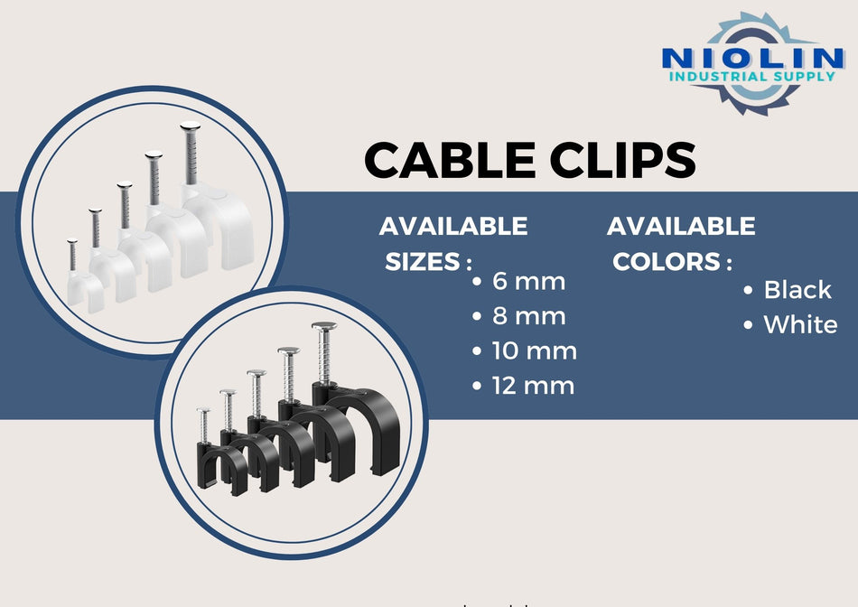 Cable Clips Round White with Nails, 100pcs / pack, Black or White  ( 6mm, 8mm, 10mm & 12mm) Sold / Pack