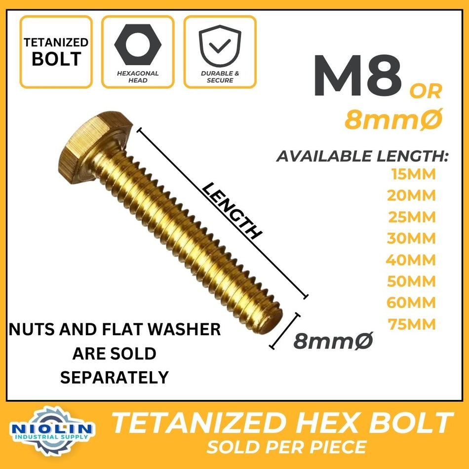 8MM TETANIZED HEX BOLT, NUT & GI FLAT WASHER