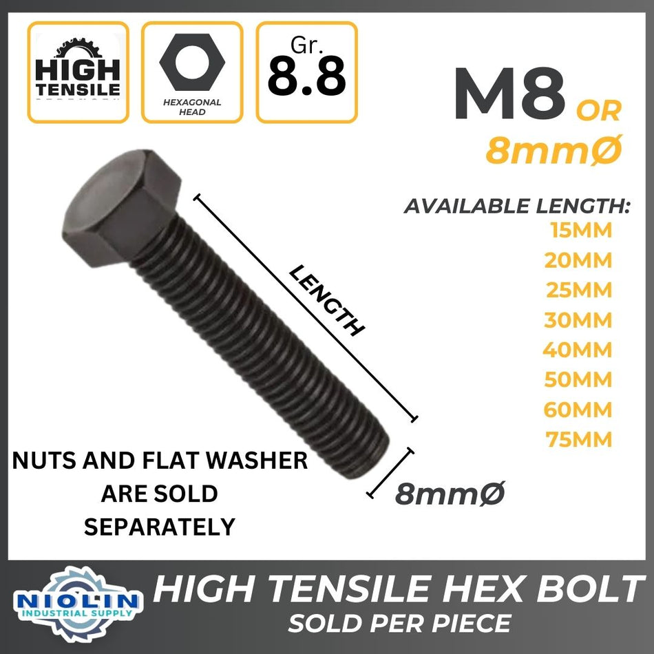 8MM HIGH TENSILE HEX BOLT, NUT & FLAT WASHER