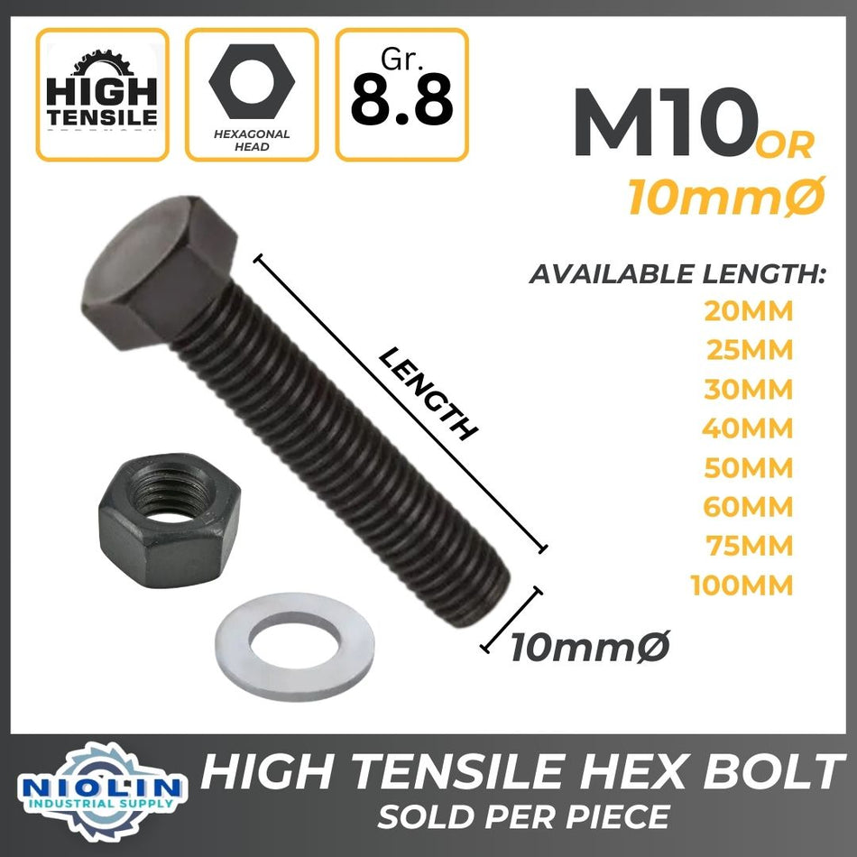 10MM HIGH TENSILE HEX BOLT, NUT & FLAT WASHER