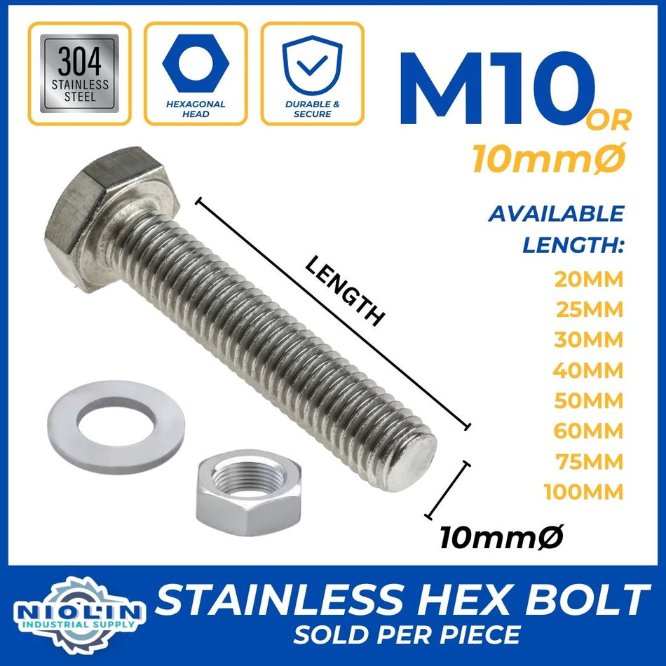 10MM STAINLESS HEX BOLT, NUTS & FLAT WASHER