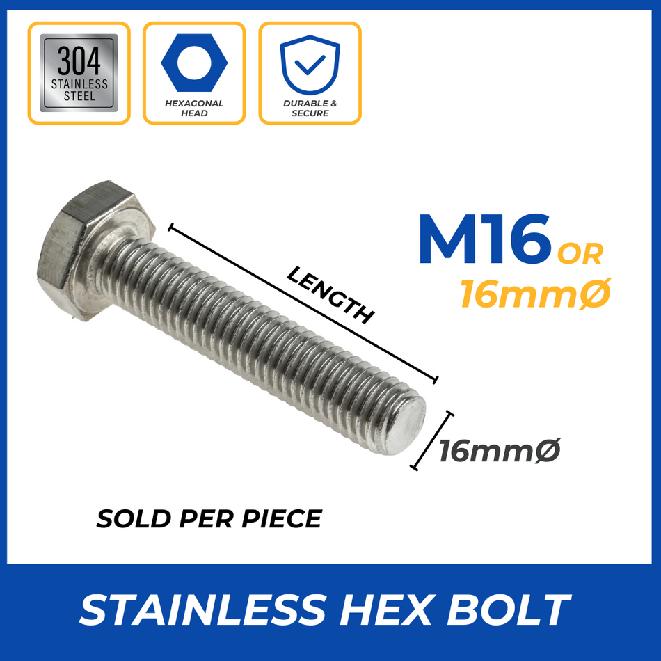 STAINLESS HEX BOLT 16MM