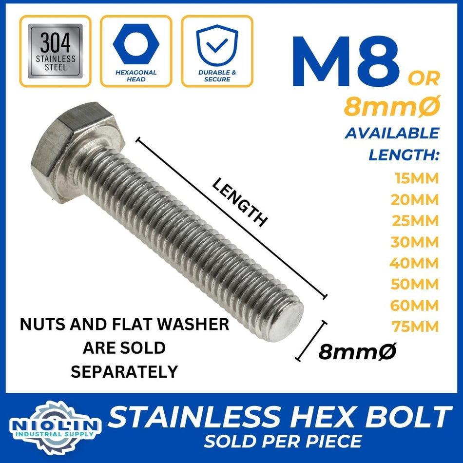 8MM STAINLESS HEX BOLT, NUTS & FLAT WASHER