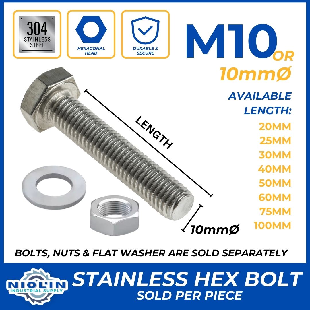 10MM STAINLESS HEX BOLT, NUTS & FLAT WASHER β Niolin Industrial Supply