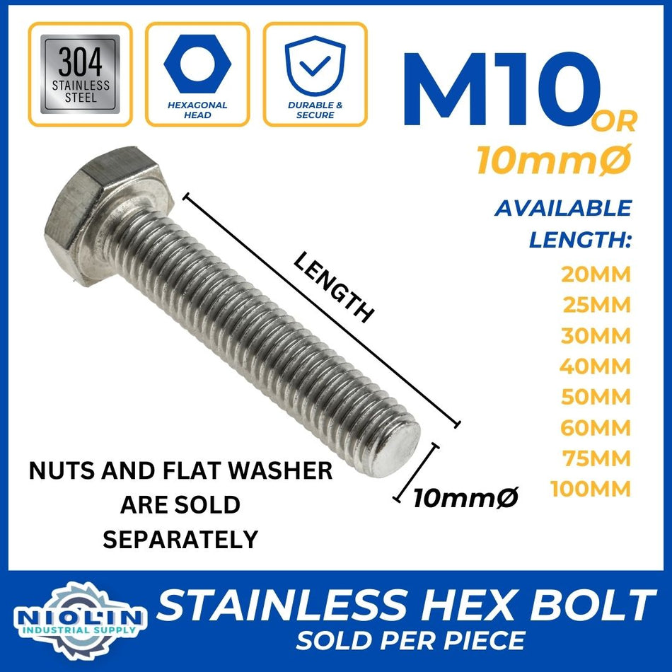 10MM STAINLESS HEX BOLT, NUTS & FLAT WASHER