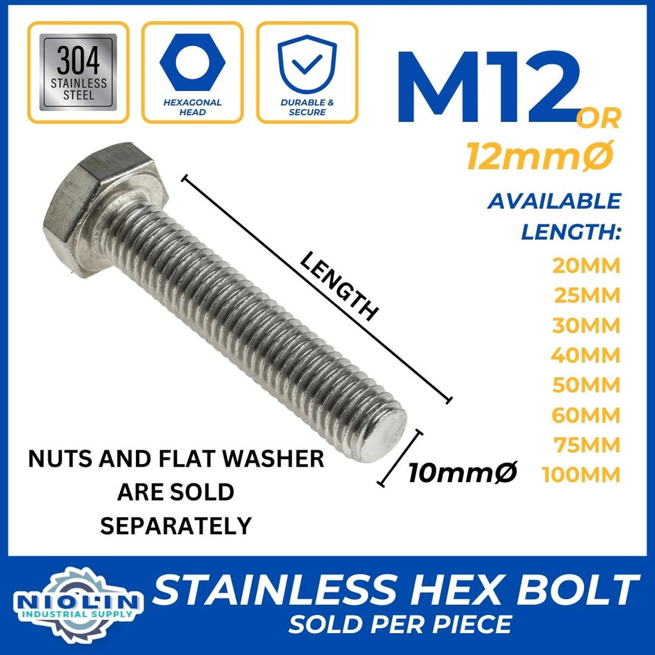 12MM STAINLESS HEX BOLT, NUTS & FLAT WASHER