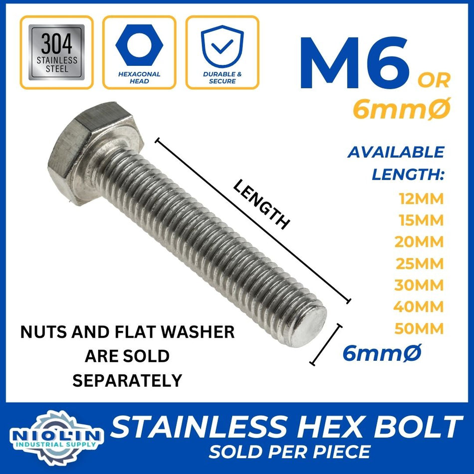 6MM STAINLESS HEX BOLT, NUTS & FLAT WASHER