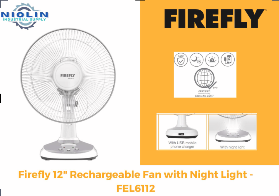 FIREFLY Rechargeable 12" ACDC Fan w/ Night Light